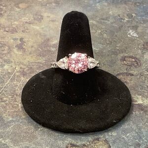 Pink Halo Three-Stone Sterling Silver Engagement Ring Rhodium Plated, size 8